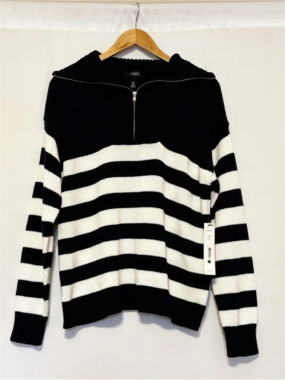 Aqua Navy and White Stripe Half Zip Cotton Sweater size Medium NWT Nautical Twee